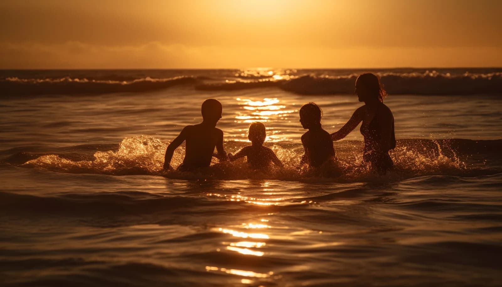A family in the sea at sunset
