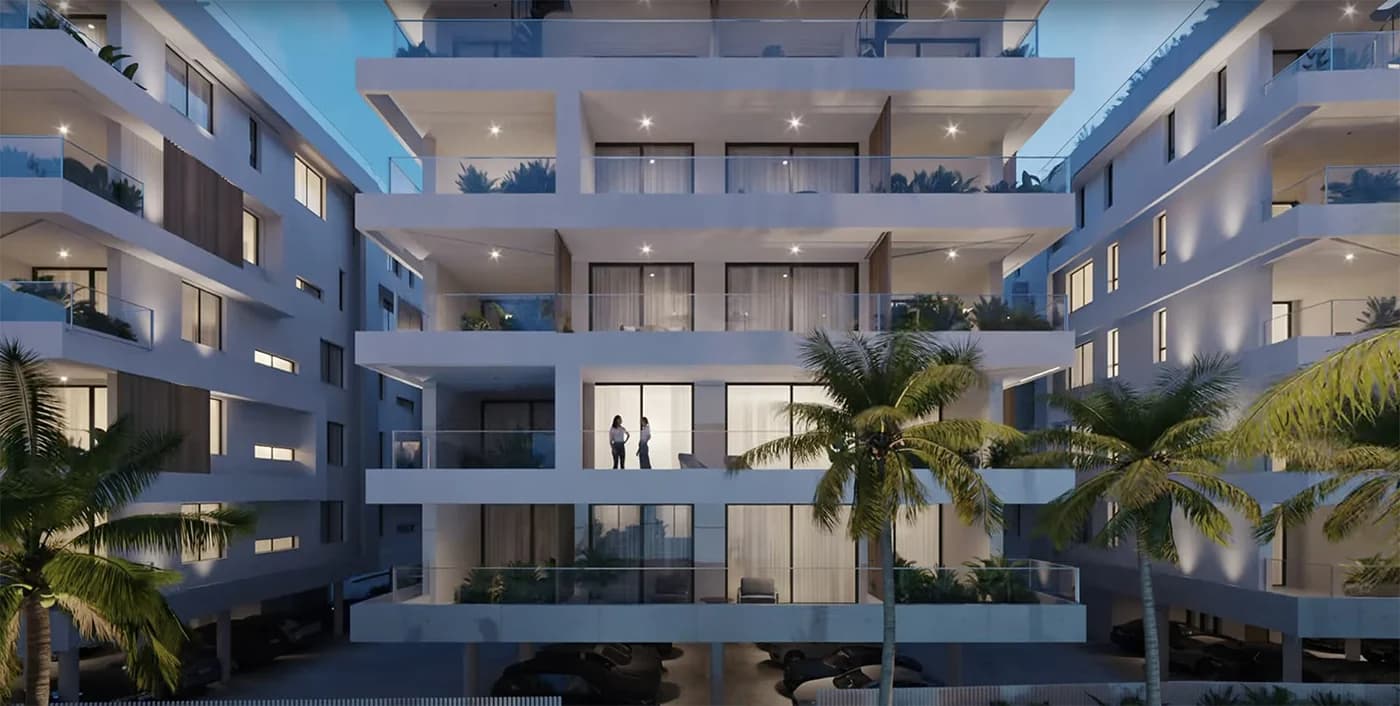 Balconies of a Shuna Group development at dusk
