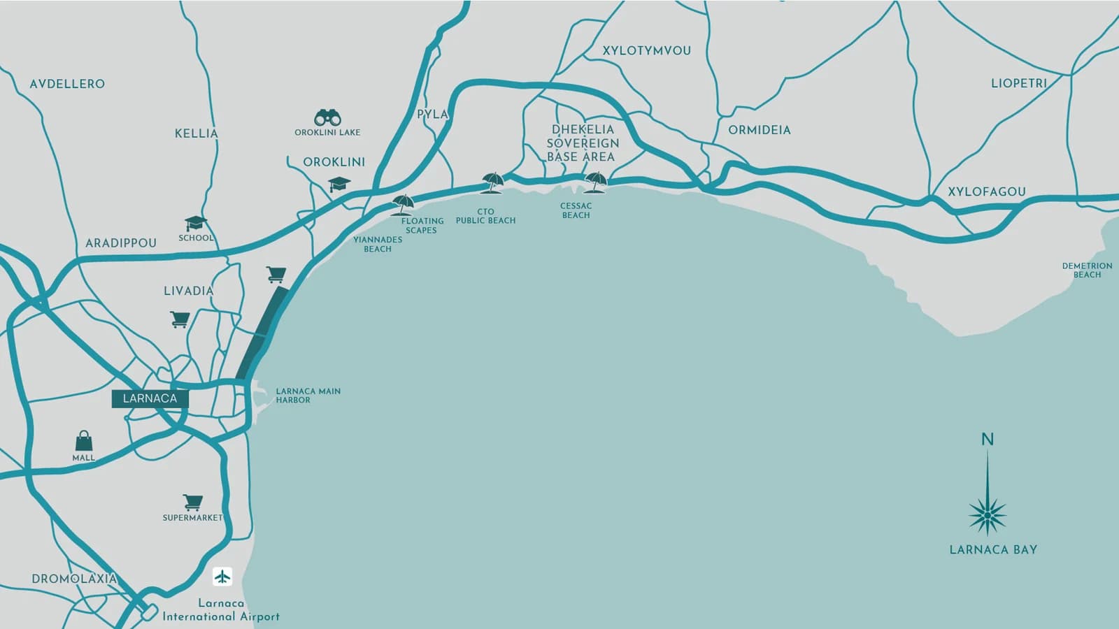 A map of Larnaca bay and the surrounding districts
