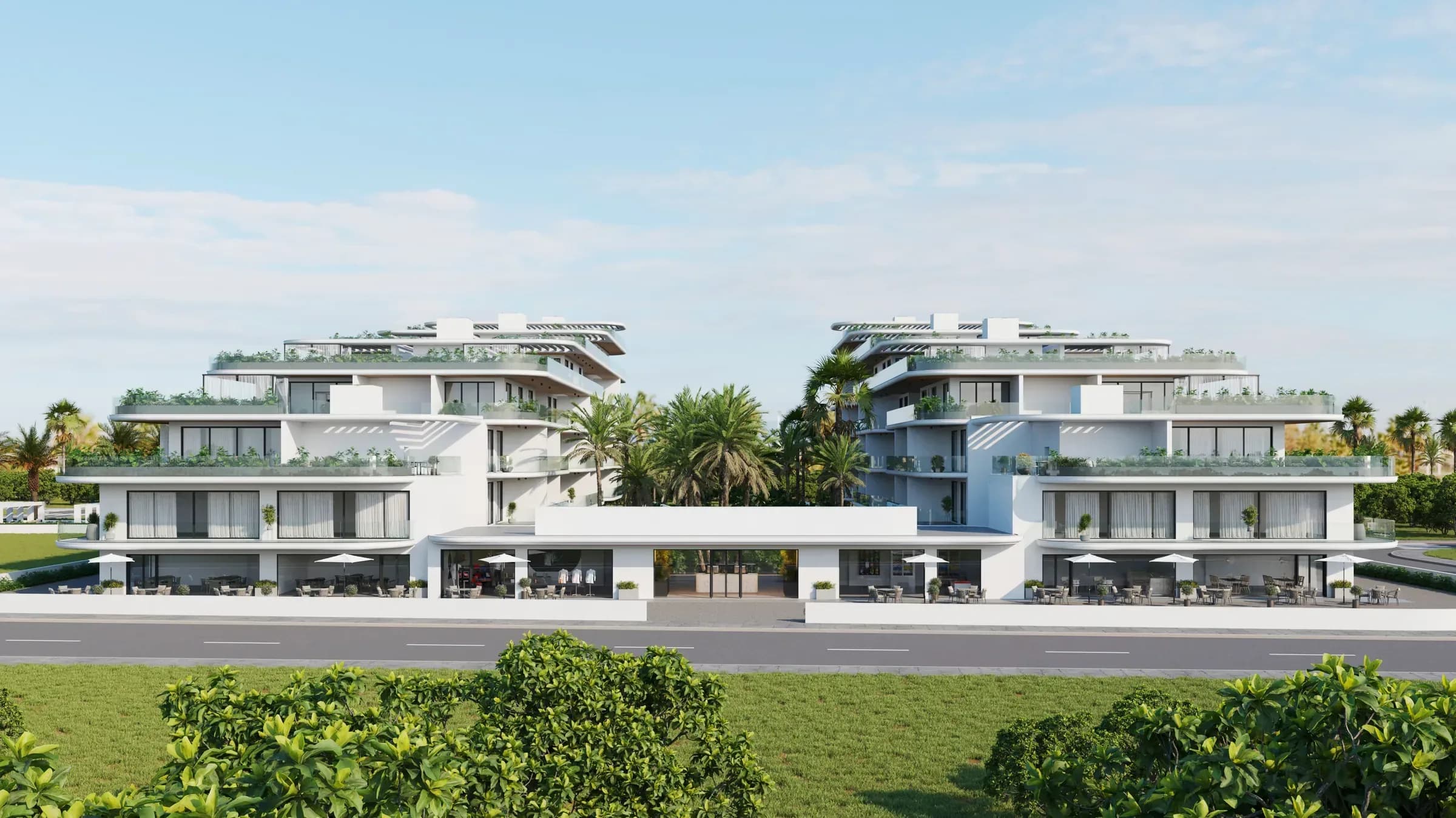 Eleftheria Seaside Living from the street, its two buildings and shops