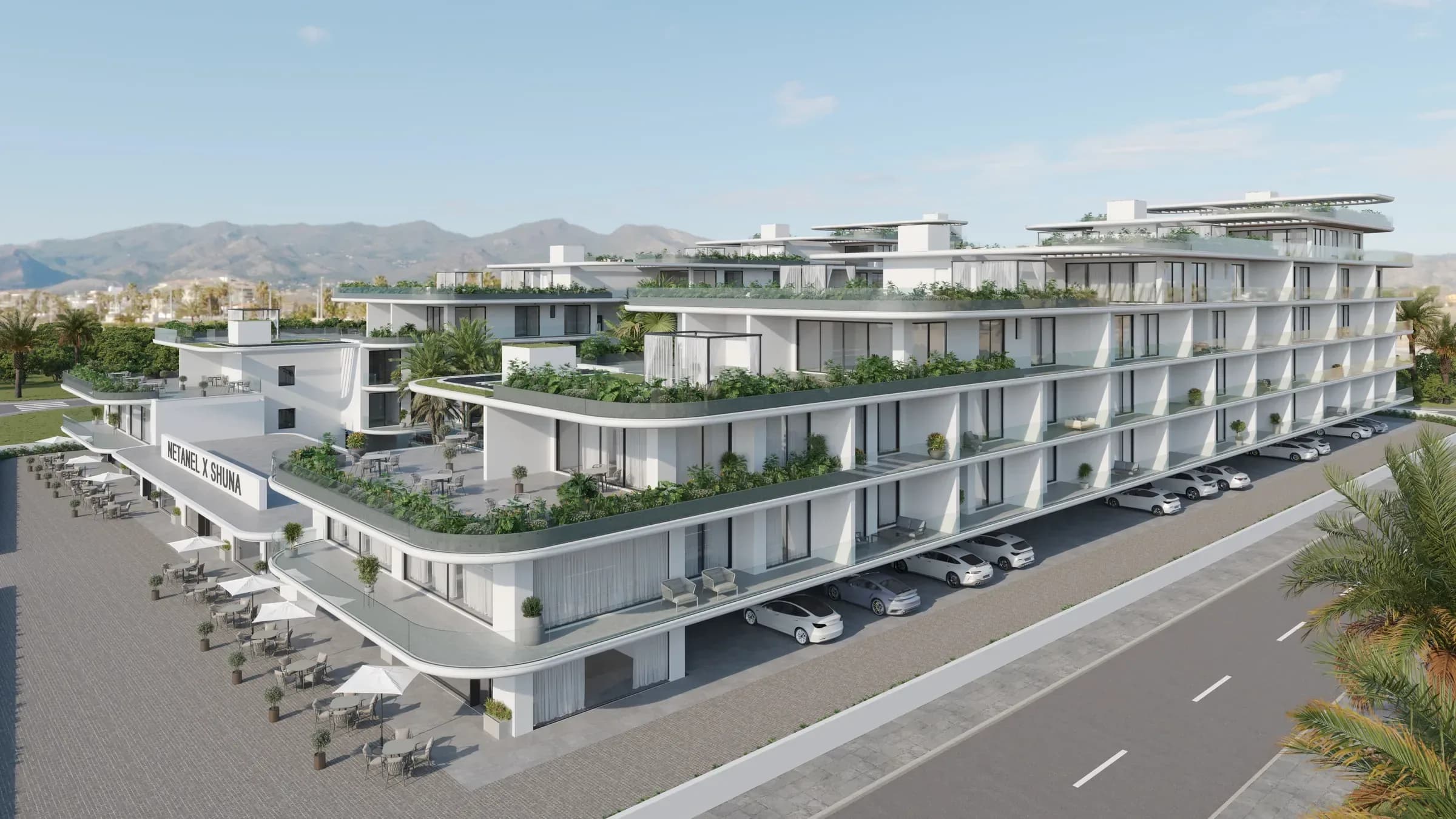 The terraces and shopfronts of Eleftheria Seaside Living