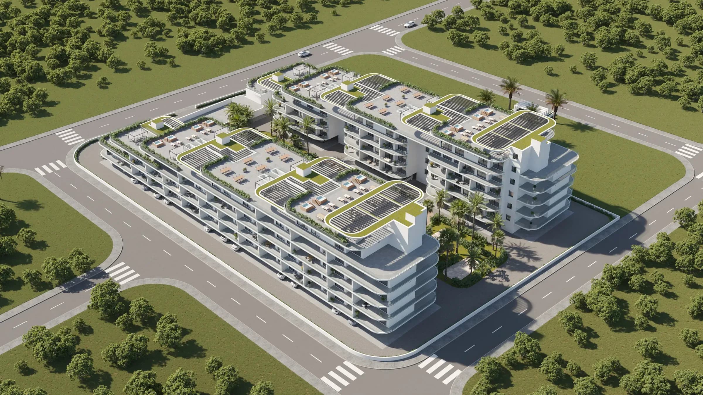 Eleftheria Seaside Living from above, with its roof gardens