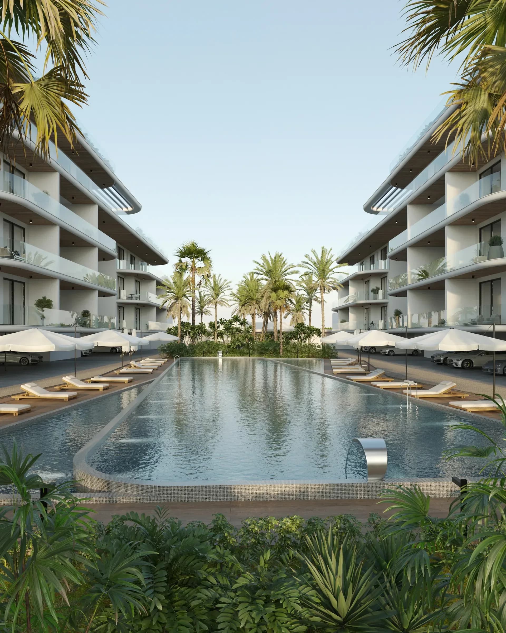 The pool between the buildings at Eleftheria Seaside Living