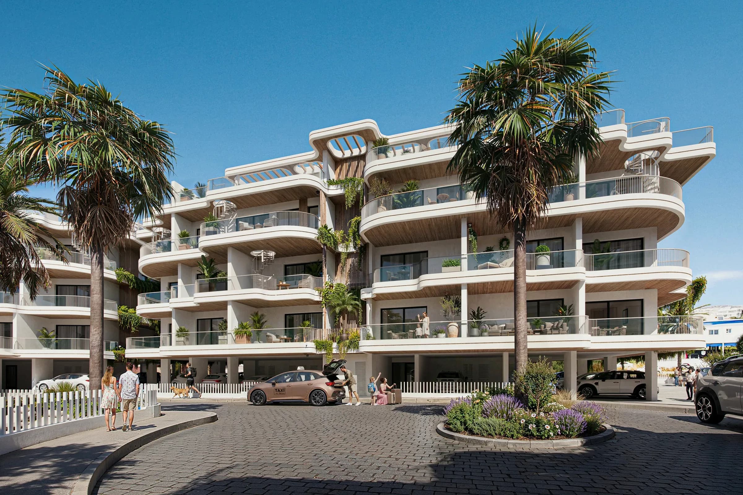 Planted balconies at Zin Residences seen from the street